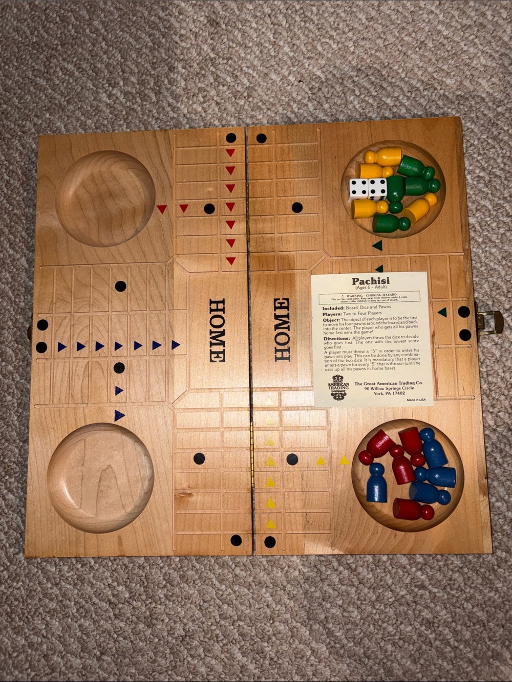 Pachisi Home Board Game Set - Natural Wood with Red, Blue, Yellow, Green Pieces